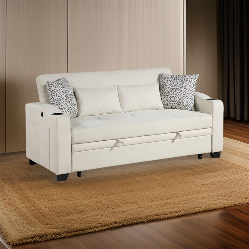 Tene 71 Inch Convertible Sleeper Loveseat- USB- 4 Accent Pillows- Black