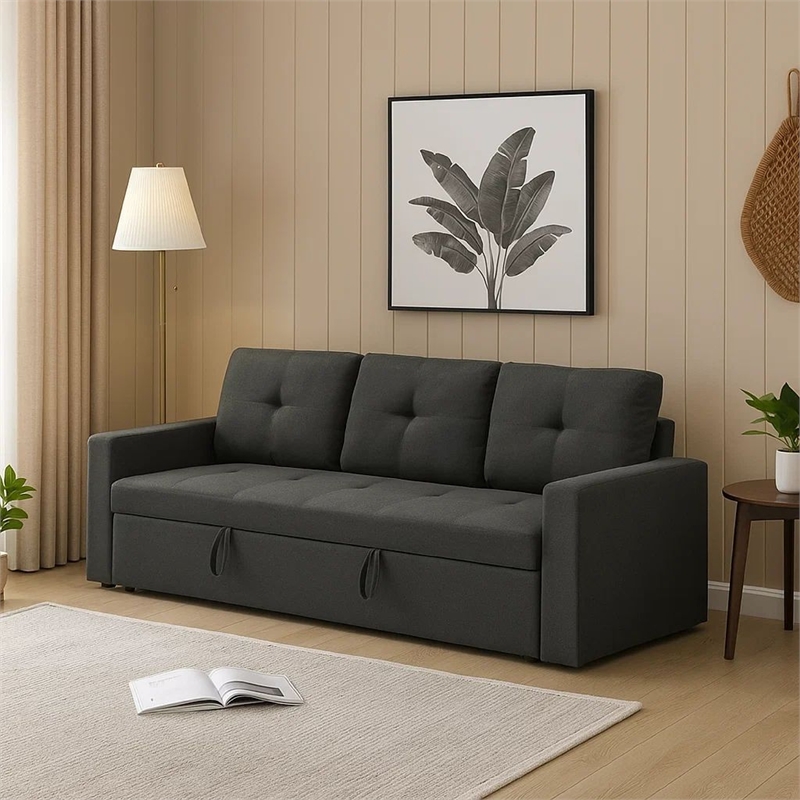 Biry Pull Out Sleeper Sofa Bed- Tufted Cushions- Dark Gray Fabric