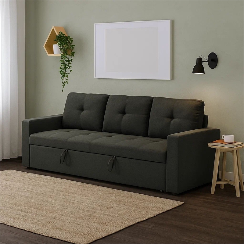 Biry Pull Out Sleeper Sofa Bed- Tufted Cushions- Dark Gray Fabric