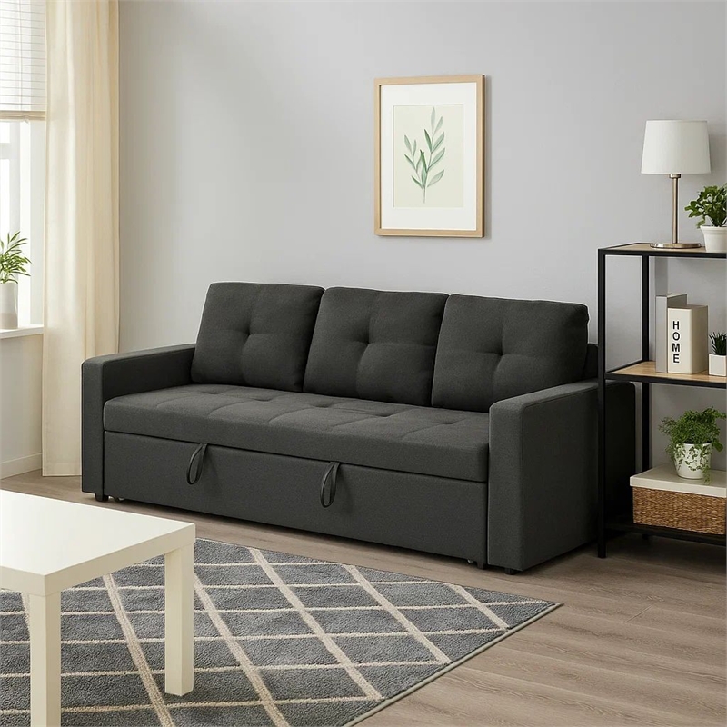 Biry Pull Out Sleeper Sofa Bed- Tufted Cushions- Dark Gray Fabric