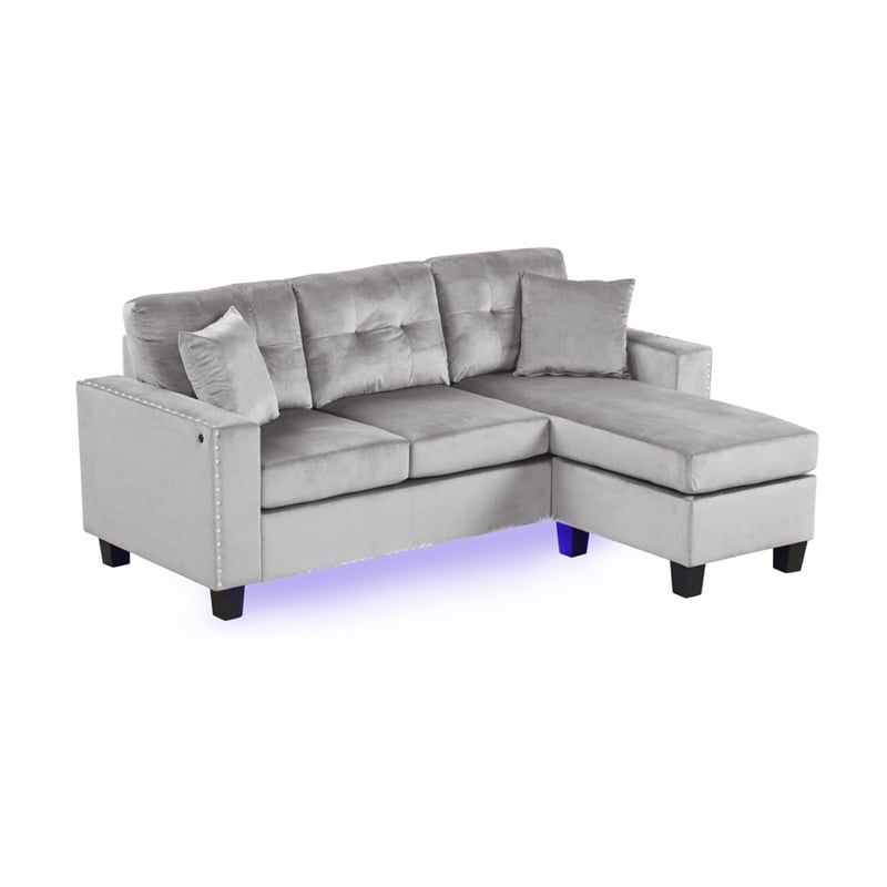 Renza 74 Inch Reversible Sectional Sofa w Chaise- LED USB- Gray Velvet
