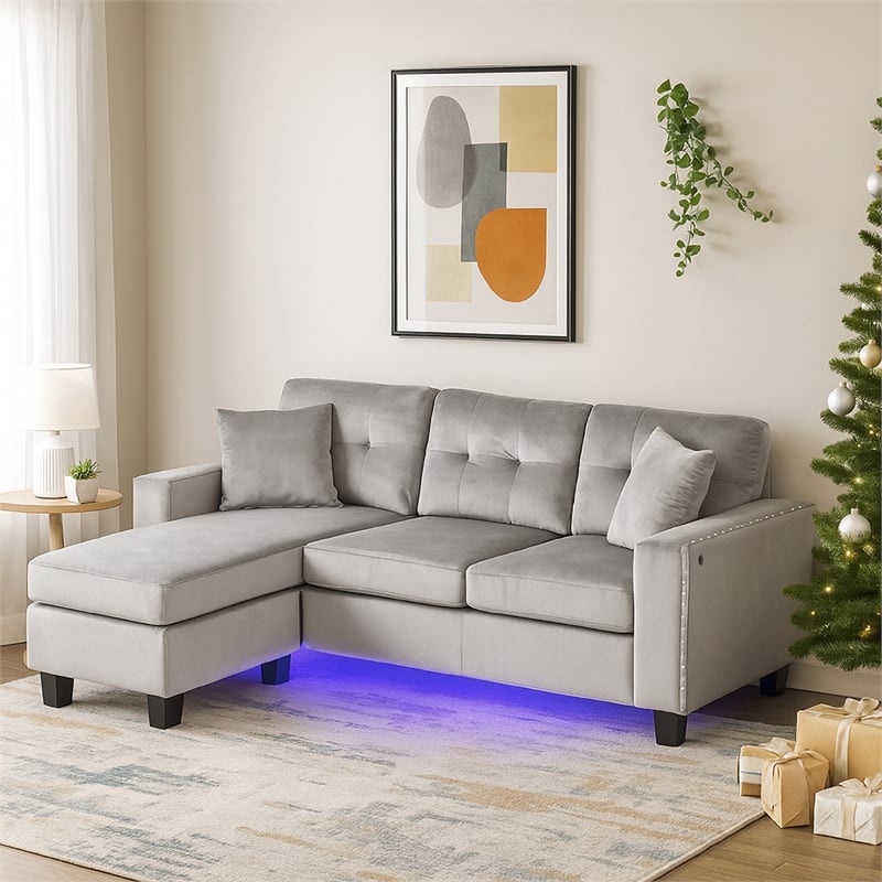 Renza 74 Inch Reversible Sectional Sofa w Chaise- LED USB- Gray Velvet