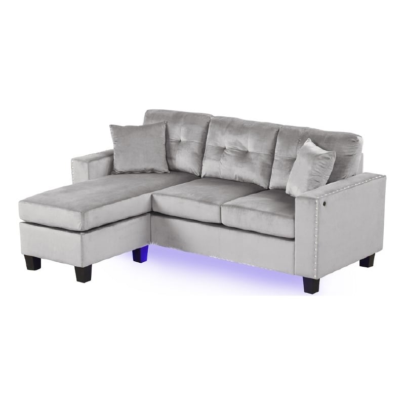 Renza 74 Inch Reversible Sectional Sofa w Chaise- LED USB- Gray Velvet