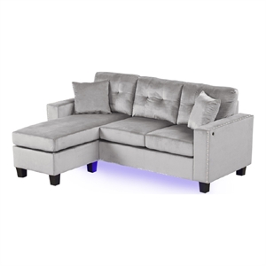 Renza 74 Inch Reversible Sectional Sofa w Chaise- LED USB- Gray Velvet