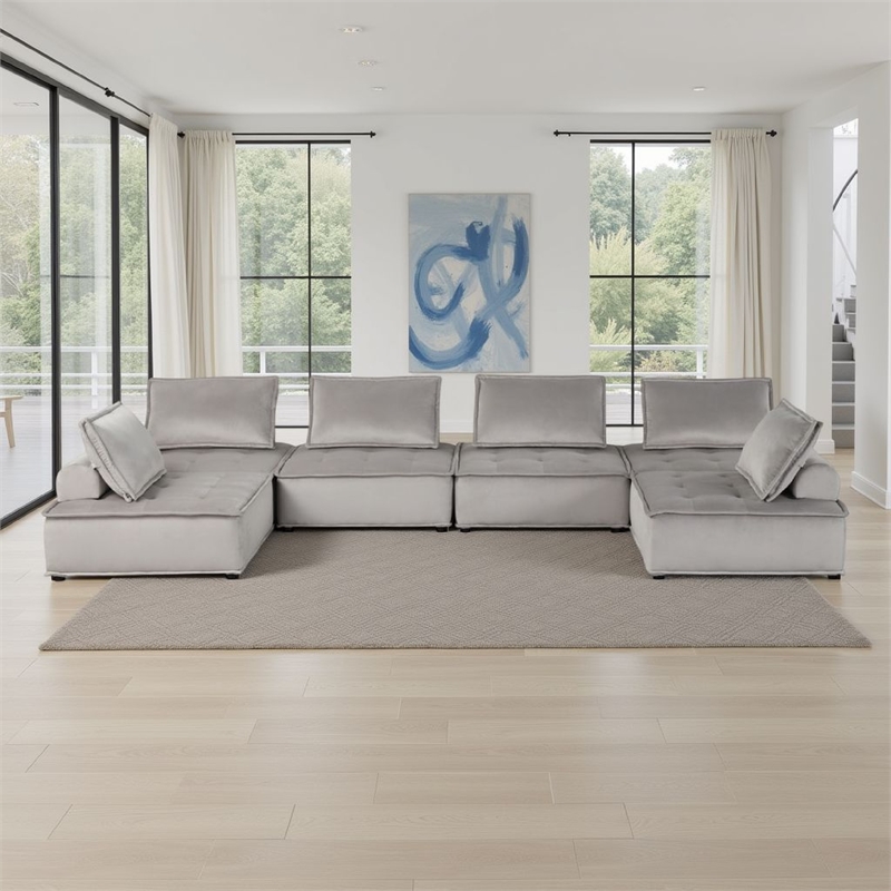 Alaya U Shaped Modular Sectional Sofa- Gray Tufted Velvet- 160 Inch