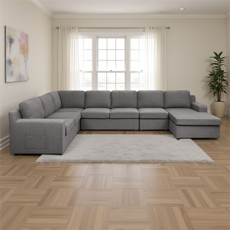 Cas Left Facing 7 Seater U Shaped Sectional Sofa Chaise- Pocket- Gray