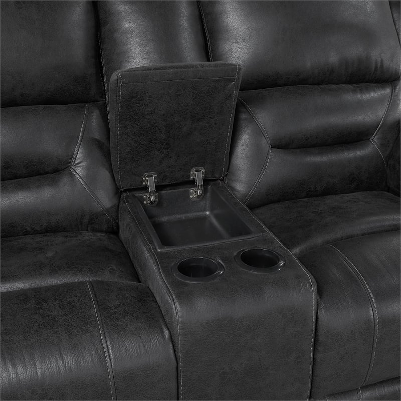 Henry Manual Double Reclining Loveseat w Console- Black Microfiber