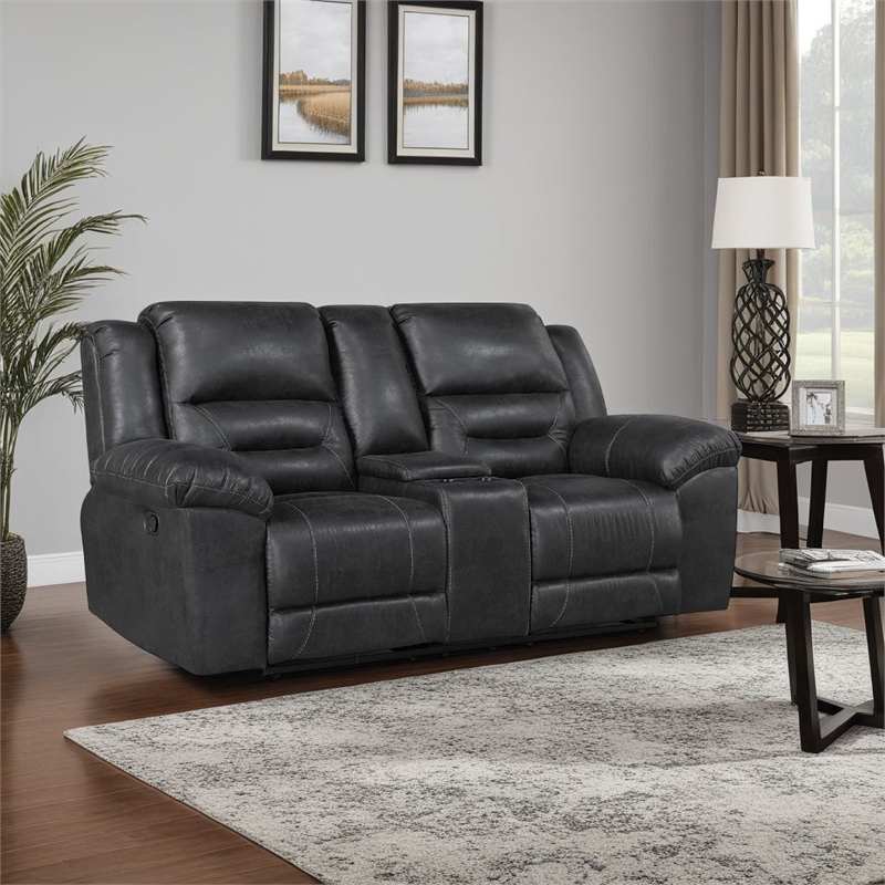 Henry Manual Double Reclining Loveseat w Console- Black Microfiber