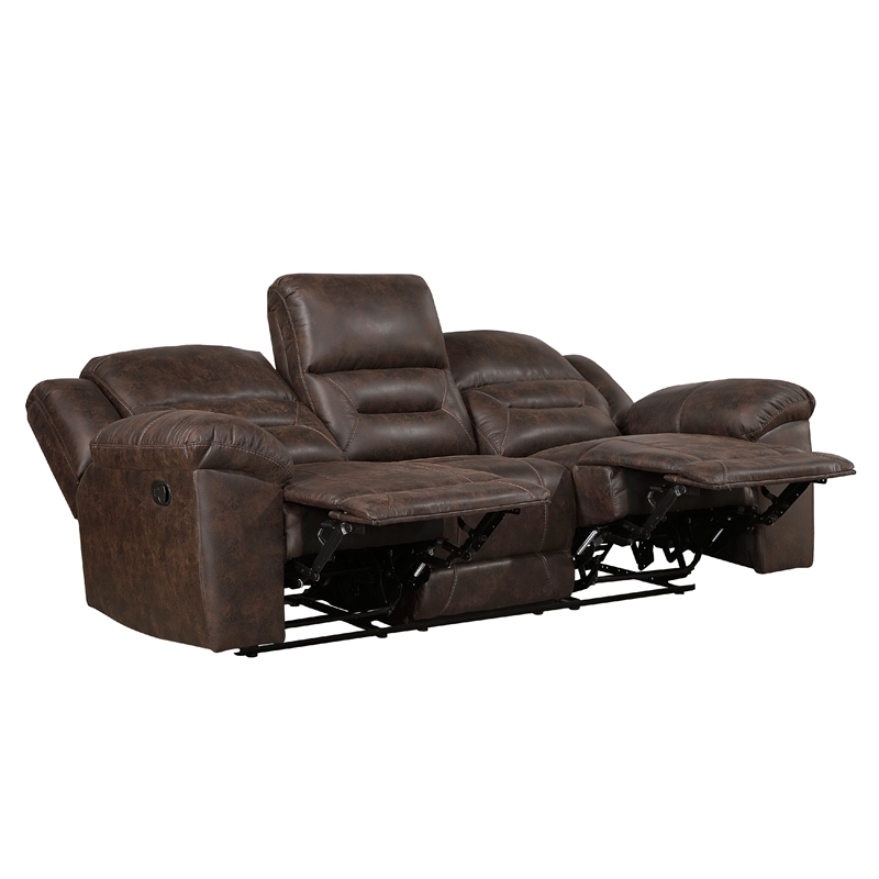 Henry Manual Double Reclining Sofa- Pillow Tuft Dark Brown Microfiber