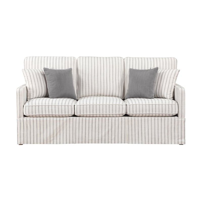 Tory Sofa with 4 Throw Pillows- Gray White Striped Polyester- 79 Inch