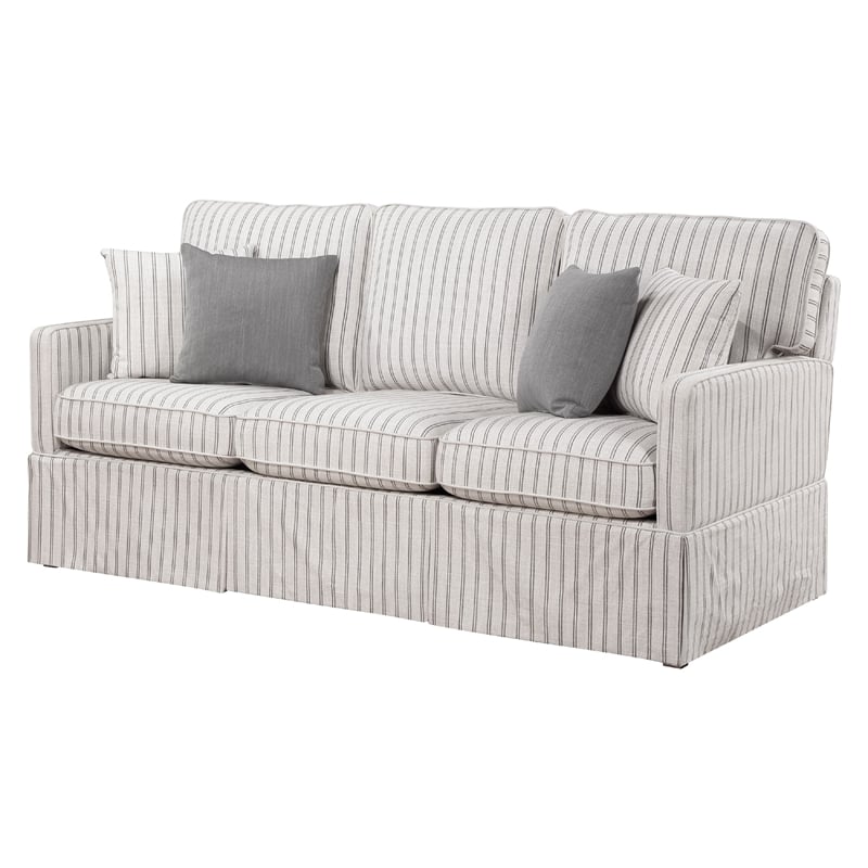 Tory Sofa with 4 Throw Pillows- Gray White Striped Polyester- 79 Inch