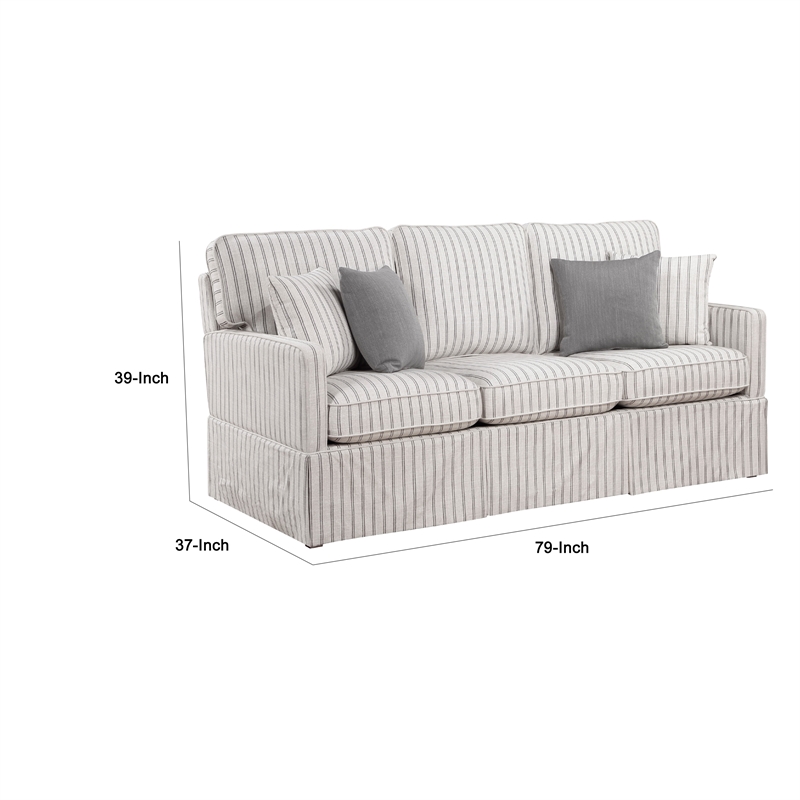 Tory Sofa with 4 Throw Pillows- Gray White Striped Polyester- 79 Inch