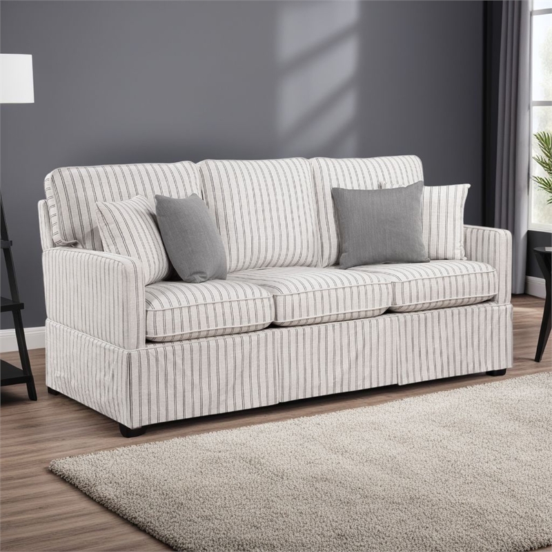 Tory Sofa with 4 Throw Pillows- Gray White Striped Polyester- 79 Inch
