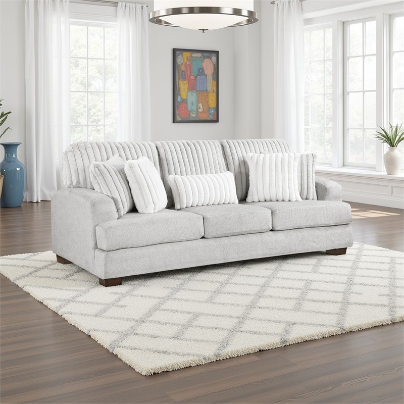 Witz Sofa- 96 Inch- 5 Pillows- Ribbed Texture Light Gray Corduroy