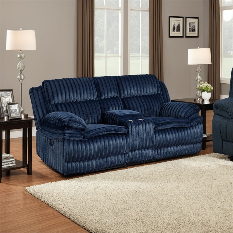 Rexy Manual Dual Recliner Loveseat with Console- Blue Corduroy 85 Inch