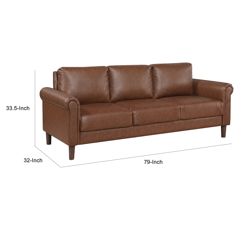 Lo Sofa w Rolled Arms- Mid Century Dark Brown Faux Leather 79 Inch