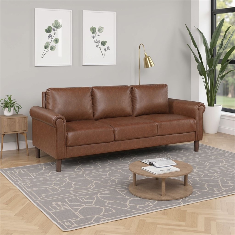 Lo Sofa w Rolled Arms- Mid Century Dark Brown Faux Leather 79 Inch