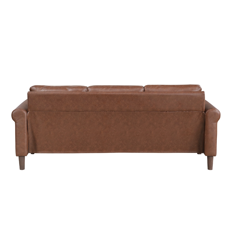 Lo Sofa w Rolled Arms- Mid Century Dark Brown Faux Leather 79 Inch