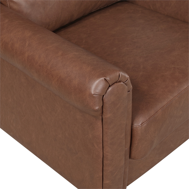 Lo Sofa w Rolled Arms- Mid Century Dark Brown Faux Leather 79 Inch