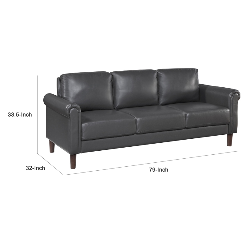 Lo Sofa w Rolled Arms- Midcentury Dark Gray Faux Leather 79 Inch