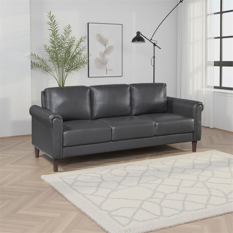 Lo Sofa w Rolled Arms- Midcentury Dark Gray Faux Leather 79 Inch