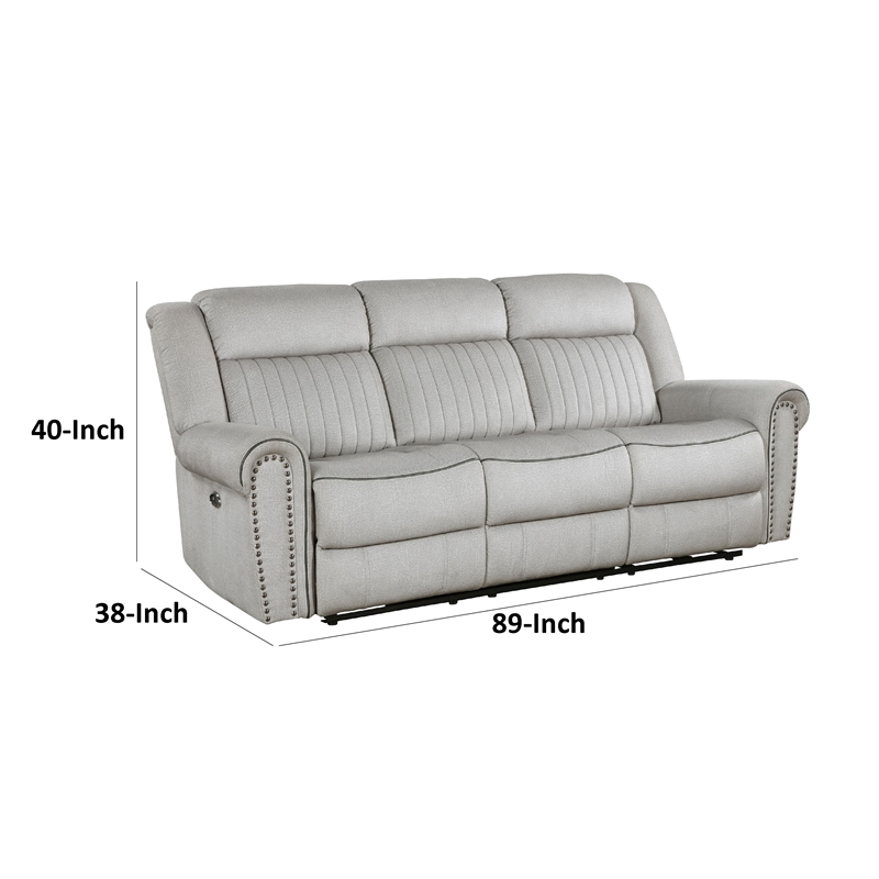Ben Power Reclining Sofa- 89 Inch- Gray Microfiber- Nailhead Trims