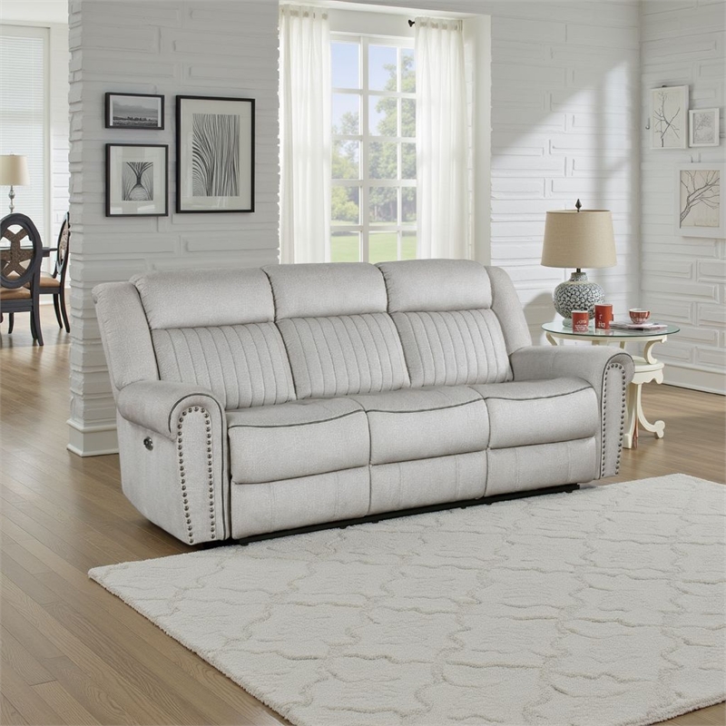 Ben Power Reclining Sofa- 89 Inch- Gray Microfiber- Nailhead Trims