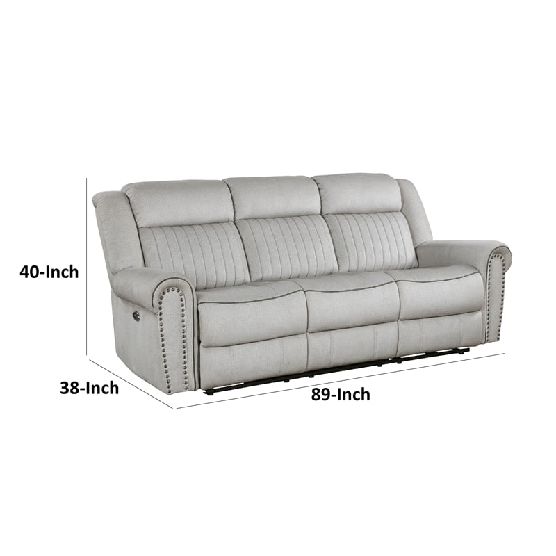 Ben Power Reclining Sofa- 89 Inch- Gray Microfiber- Nailhead Trims