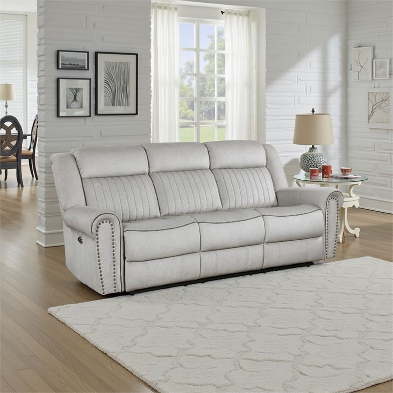 Ben Power Reclining Sofa- 89 Inch- Gray Microfiber- Nailhead Trims