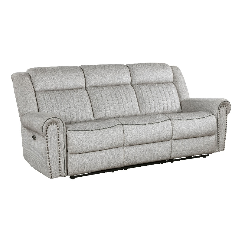 Ben Power Reclining Sofa- 89 Inch- Gray Microfiber- Nailhead Trims