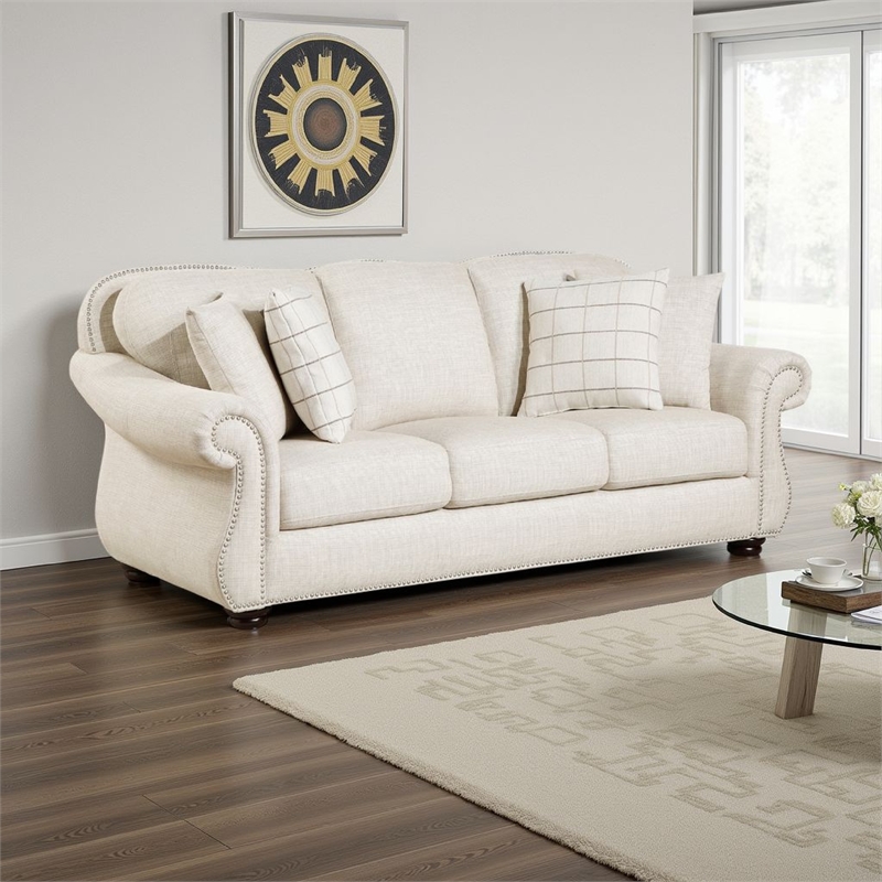 Boro Sofa with 4 Accent Pillows 85 Inch- Plush Beige Fabric
