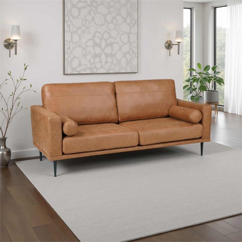 Coxi Sofa with 2 Bolster Pillows- Soft Brown Microfiber- 82 Inch