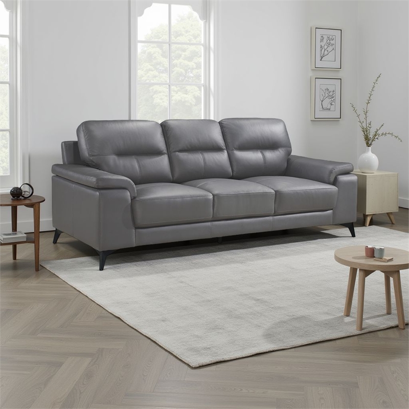 Mica Sofa- Dark Gray Top Grain Leather Foam Cushions- 89 Inch