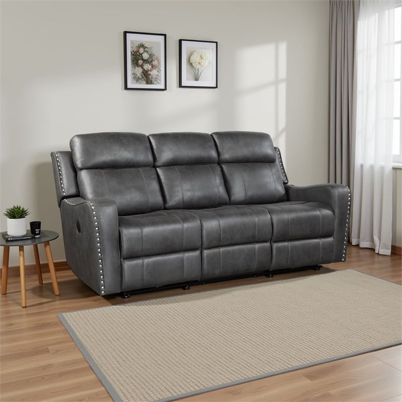 Gimo Power Recline Sofa- Dark Gray Microfiber- USB Ports- 82 Inch