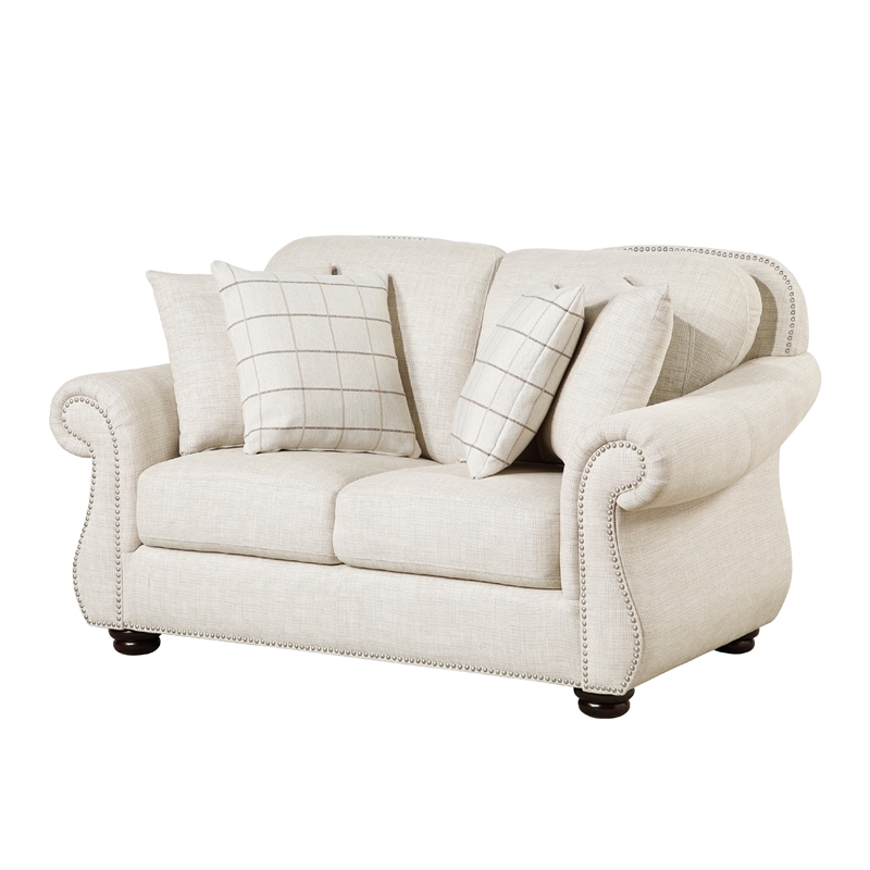 Boro Loveseat with 4 Accent Pillows- 64 Inch- Beige Fabric