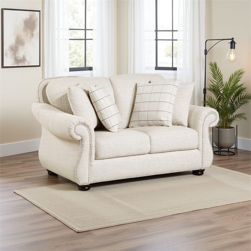 Boro Loveseat with 4 Accent Pillows- 64 Inch- Beige Fabric