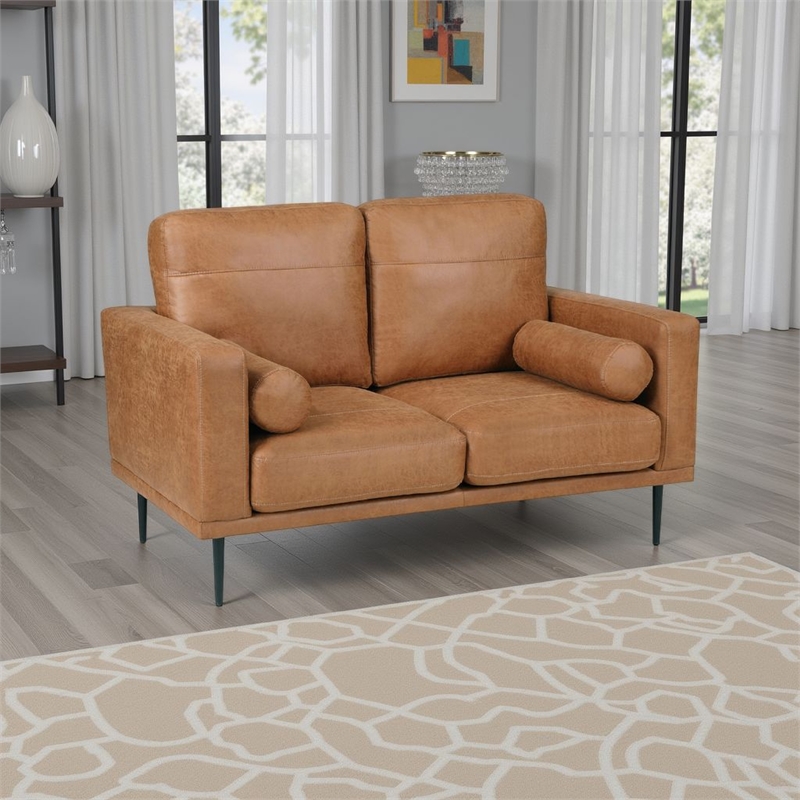 Coxi Loveseat with 2 Bolster Pillows- Soft Brown Microfiber- 58 Inch