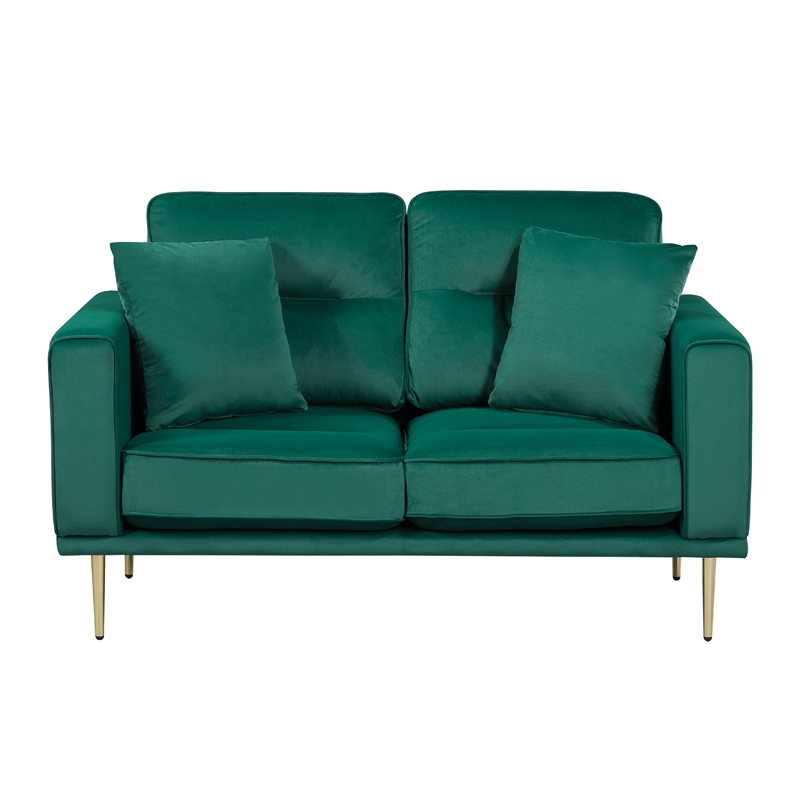 Voxo Loveseat- Green Velvet Padded Seat- Two Accent Pillows- 58 Inch