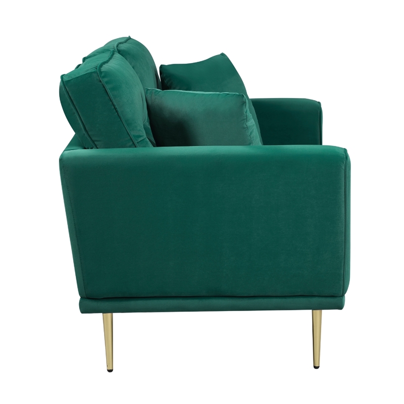 Voxo Loveseat- Green Velvet Padded Seat- Two Accent Pillows- 58 Inch