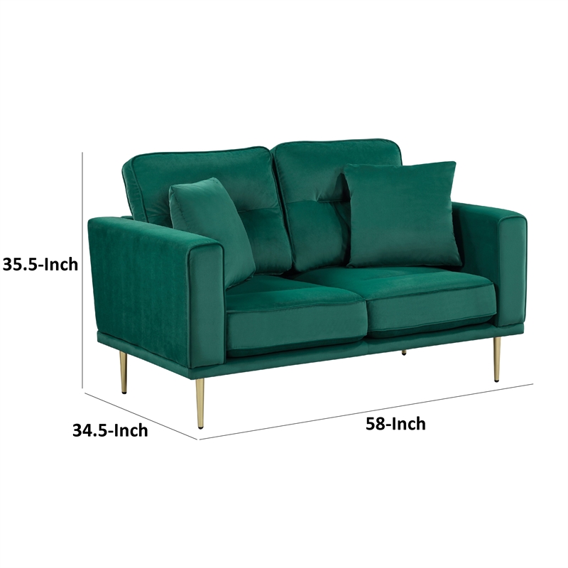 Voxo Loveseat- Green Velvet Padded Seat- Two Accent Pillows- 58 Inch