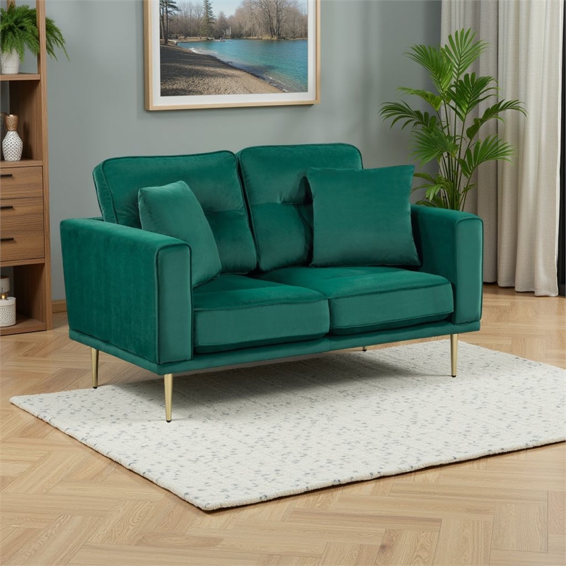 Voxo Loveseat- Green Velvet Padded Seat- Two Accent Pillows- 58 Inch