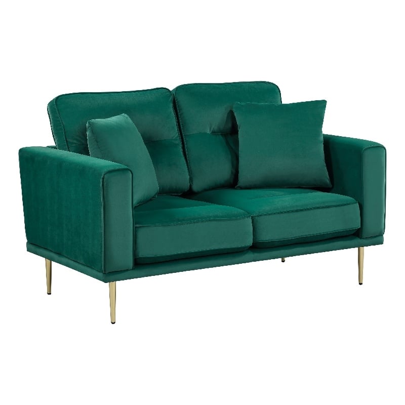 Voxo Loveseat- Green Velvet Padded Seat- Two Accent Pillows- 58 Inch