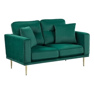 Voxo Loveseat- Green Velvet Padded Seat- Two Accent Pillows- 58 Inch