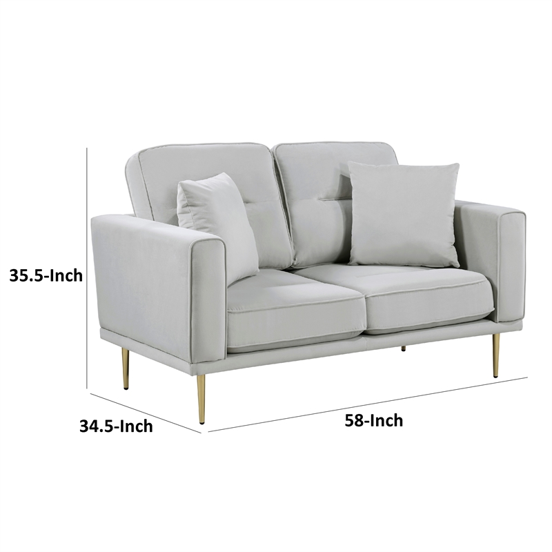 Voxo Loveseat- Gray Velvet Padded Seat- Two Accent Pillows- 58 Inch