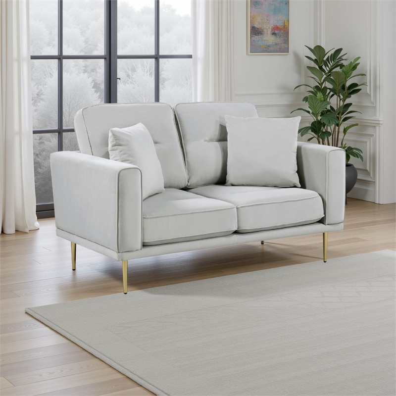 Voxo Loveseat- Gray Velvet Padded Seat- Two Accent Pillows- 58 Inch