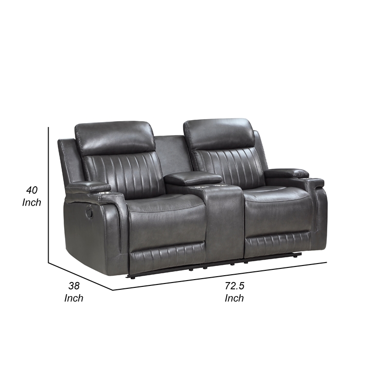 Jolo Manual Recline Loveseat- Center Console 73 Inch Gray Faux Leather
