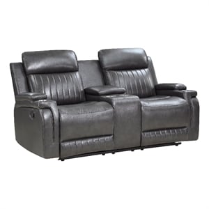 Jolo Manual Recline Loveseat- Center Console 73 Inch Gray Faux Leather