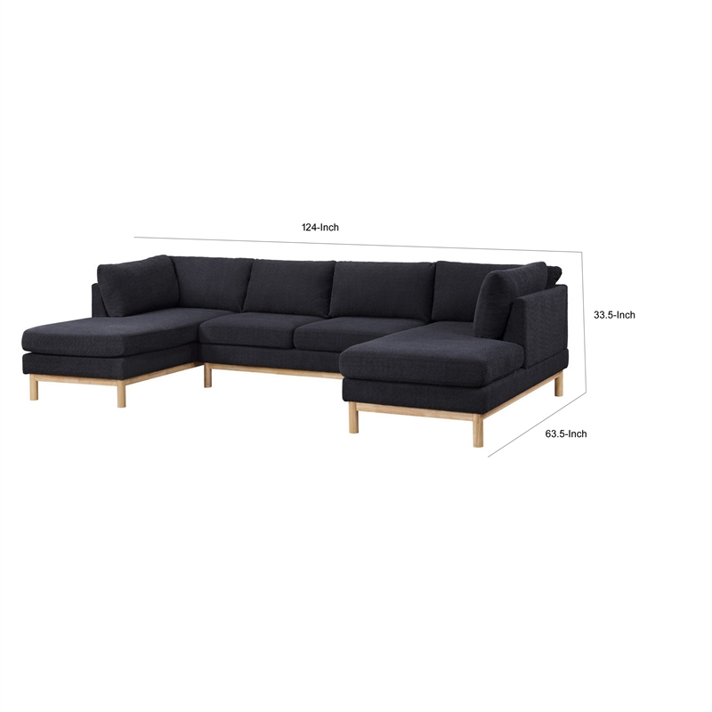 Hle 124 Inch Wide Sectional Sofa Double Chaise- U Shape- Black Sherpa- Wood