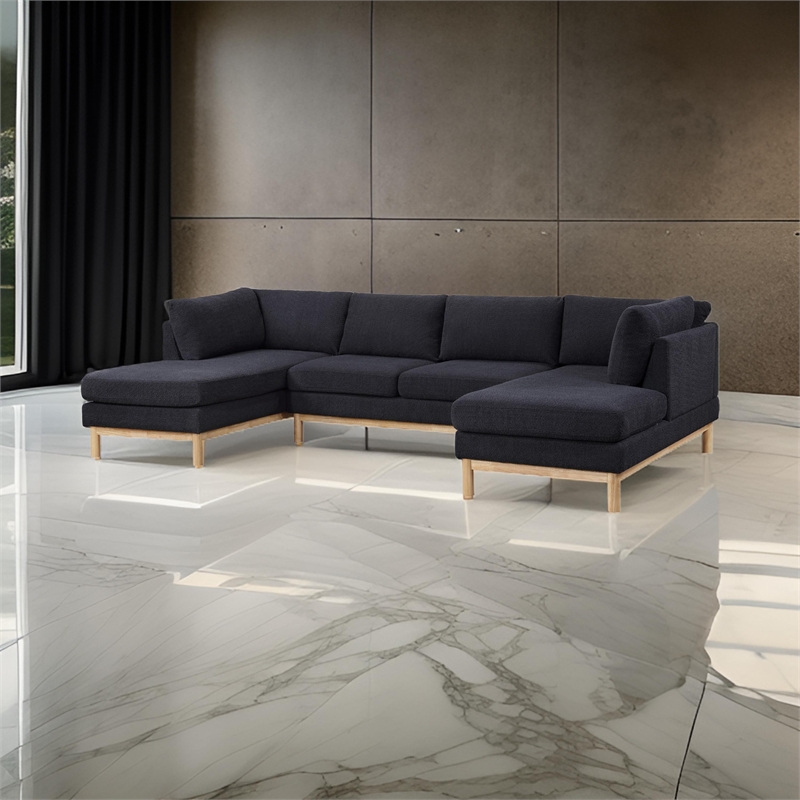 Hle 124 Inch Wide Sectional Sofa Double Chaise- U Shape- Black Sherpa- Wood
