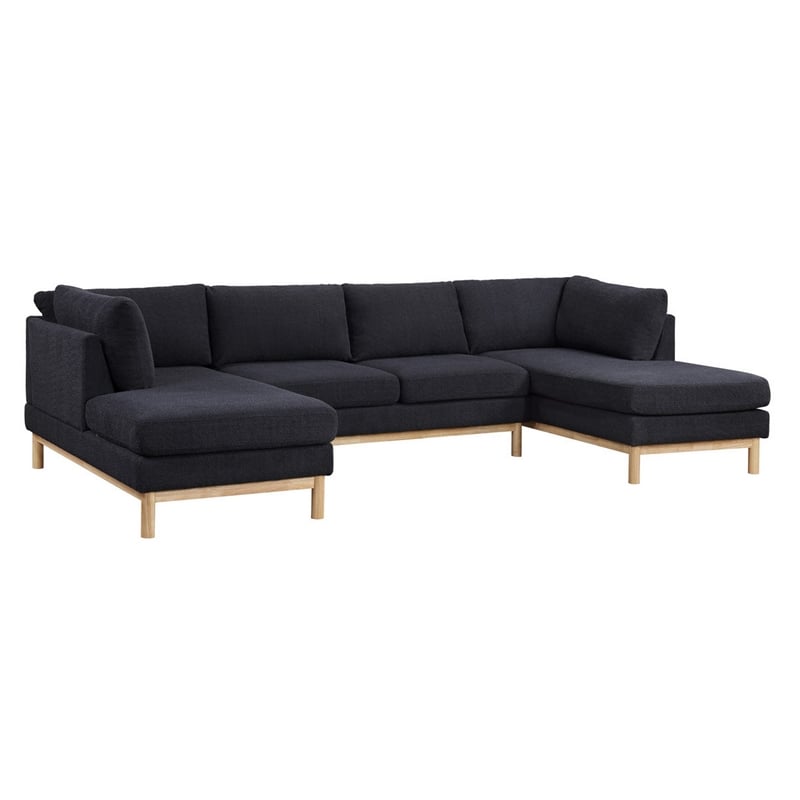 Hle 124 Inch Wide Sectional Sofa Double Chaise- U Shape- Black Sherpa- Wood